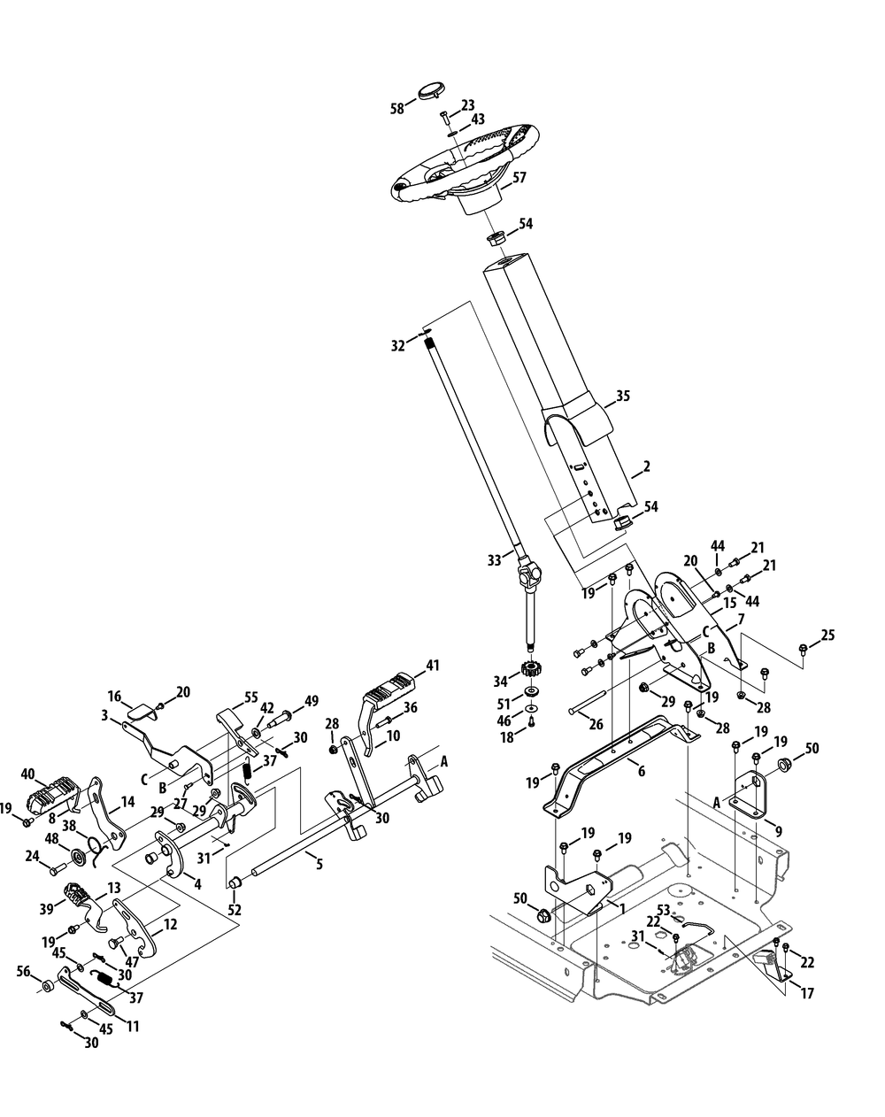 Steering Column And Pedal Controls Diagram and Parts List for RZT-S42ZERO (17AVCEDS710)(2015) Cub Cadet Lawn Tractor